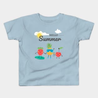 Hello Summer Cool design for summertime. Strawberry, cherry, pineapple with a beach landscape Kids T-Shirt